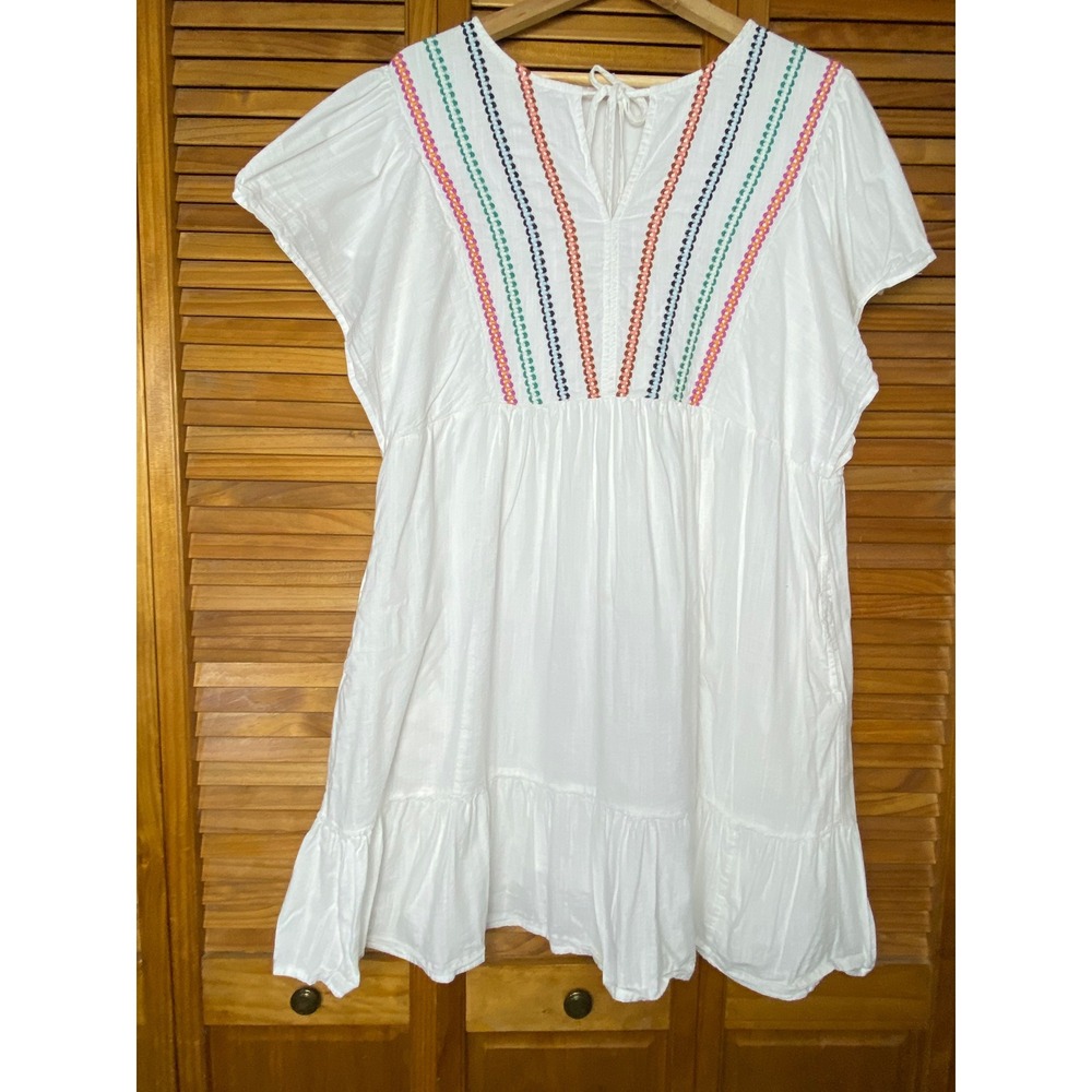 Knox Rose Women XXL White Embroidered Boho‎ Babydoll Tiered Mini Dress V-Neck